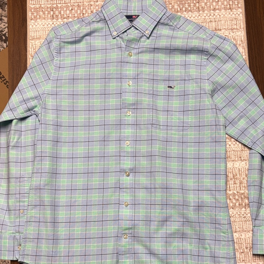 Vineyard Vines Men's Blue and Green Checkered Shirt.. Slim Fit.